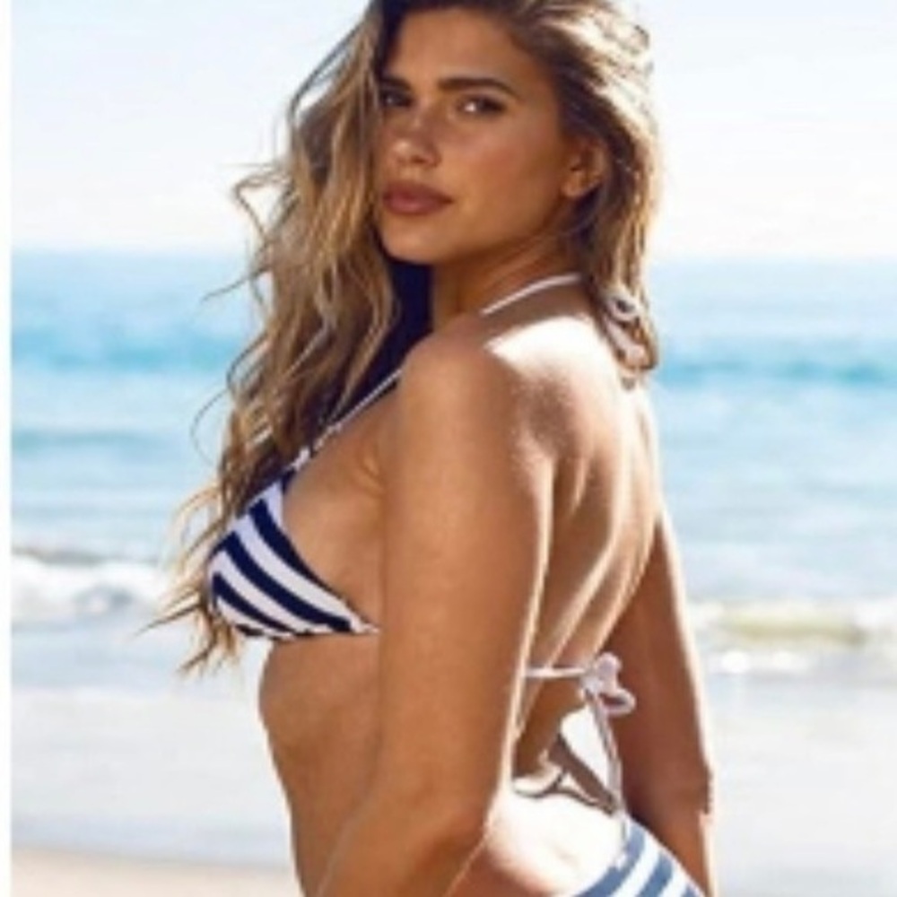 Relleciga purplish blue and white striped bikini top NWT size L